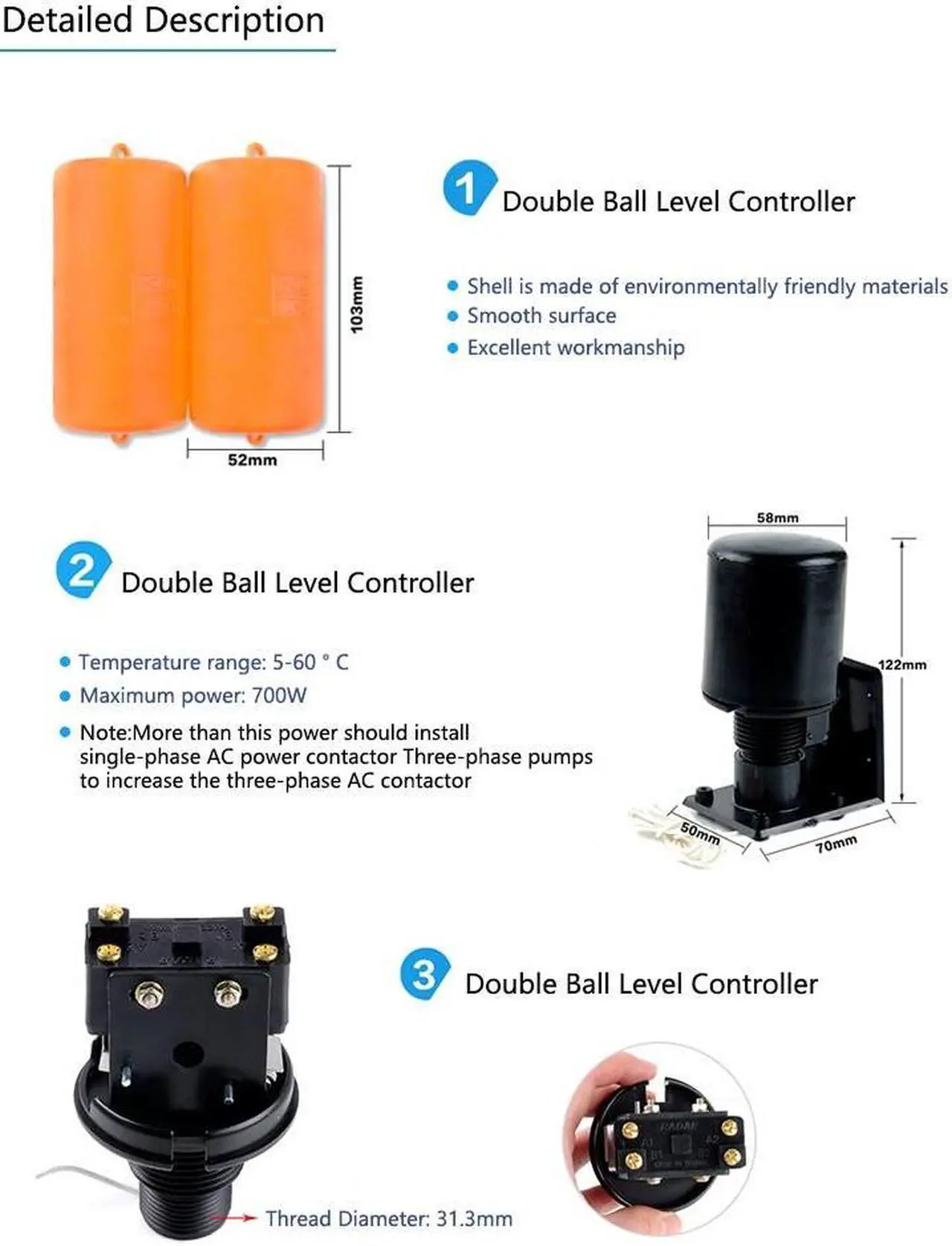 Alt view image 3 of 7 - Hot Sale 1.2M Controller Float Switch Liquid Switches Liquid Fluid Water Level Float Switch Controller Contactor Sensor