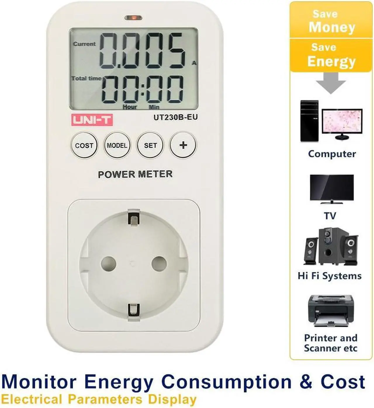 Alt view image 4 of 5 - UNI-T UT230B E2192US Series LCD Plug-in Energy Consumption Meter Voltage Current Cost Frequency Power Factor Monitor CO2 Emission Detection