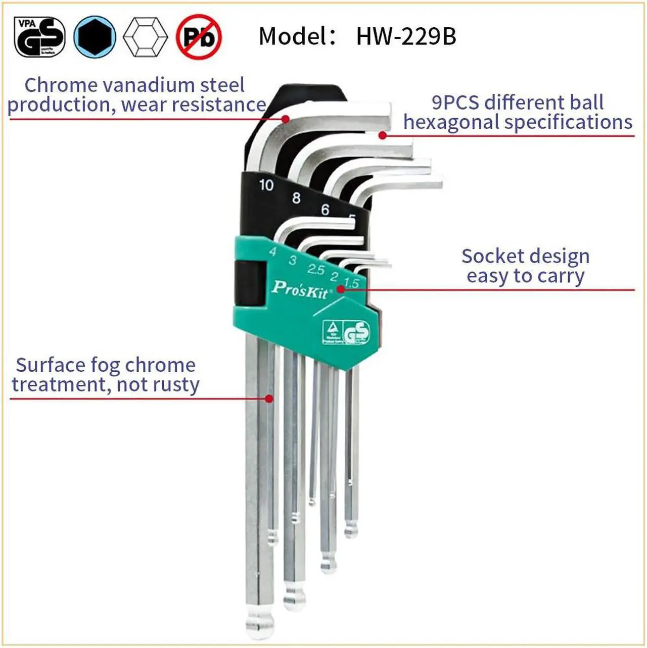 Alt view image 4 of 6 - Pro'skit High Quality 9PCS Long Ball Point Durable Reinforced Toughen Metric Ball Ended Hex Allen Key Wrench Set 1.5-10mm