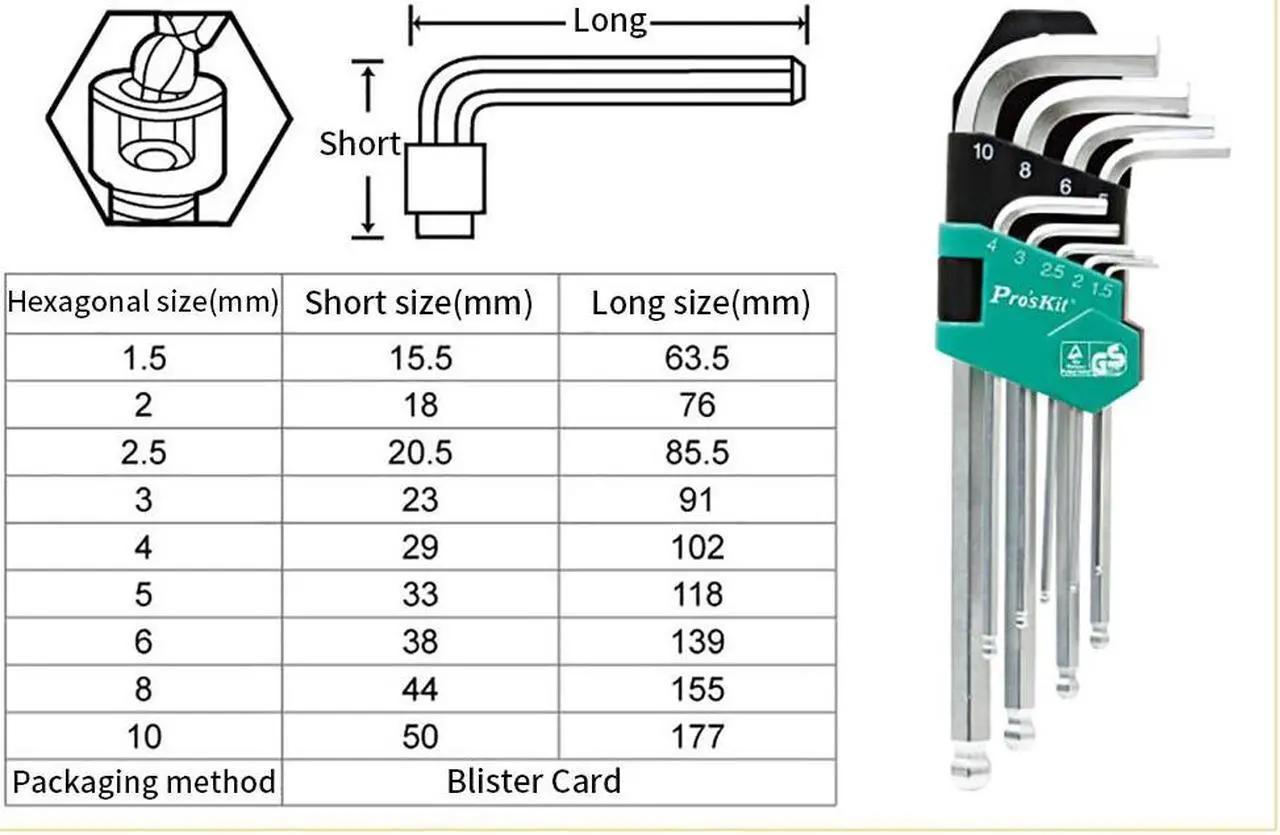 Alt view image 5 of 6 - Pro'skit High Quality 9PCS Long Ball Point Durable Reinforced Toughen Metric Ball Ended Hex Allen Key Wrench Set 1.5-10mm