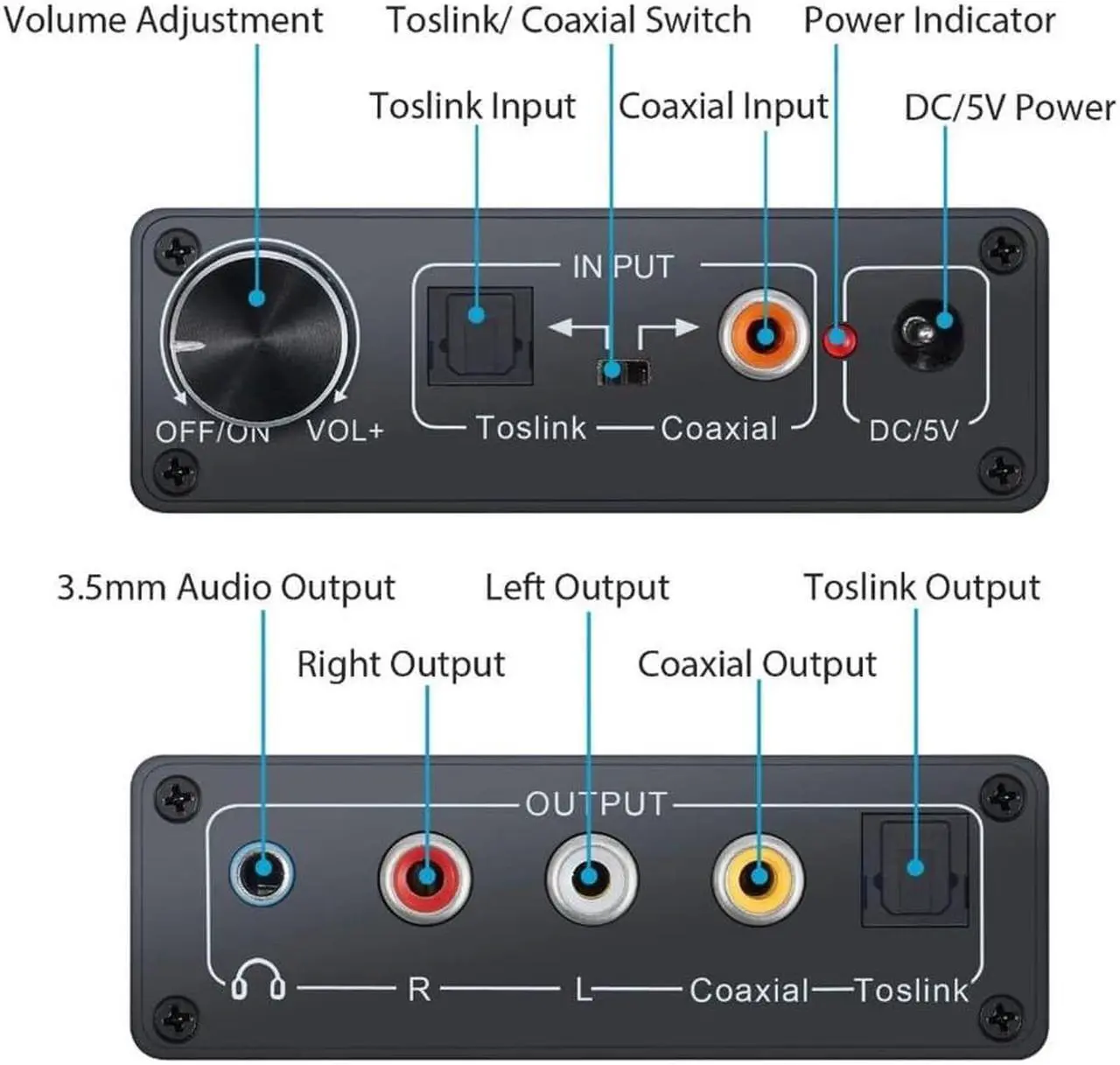 Alt view image 2 of 7 - HiFi Digital Analog Audio Converter Fiber Coaxial to RCA Left and Right Channel Coaxial Bi-directional Switch with RCA 3.5mm Jack Output for Earphone Computer TV