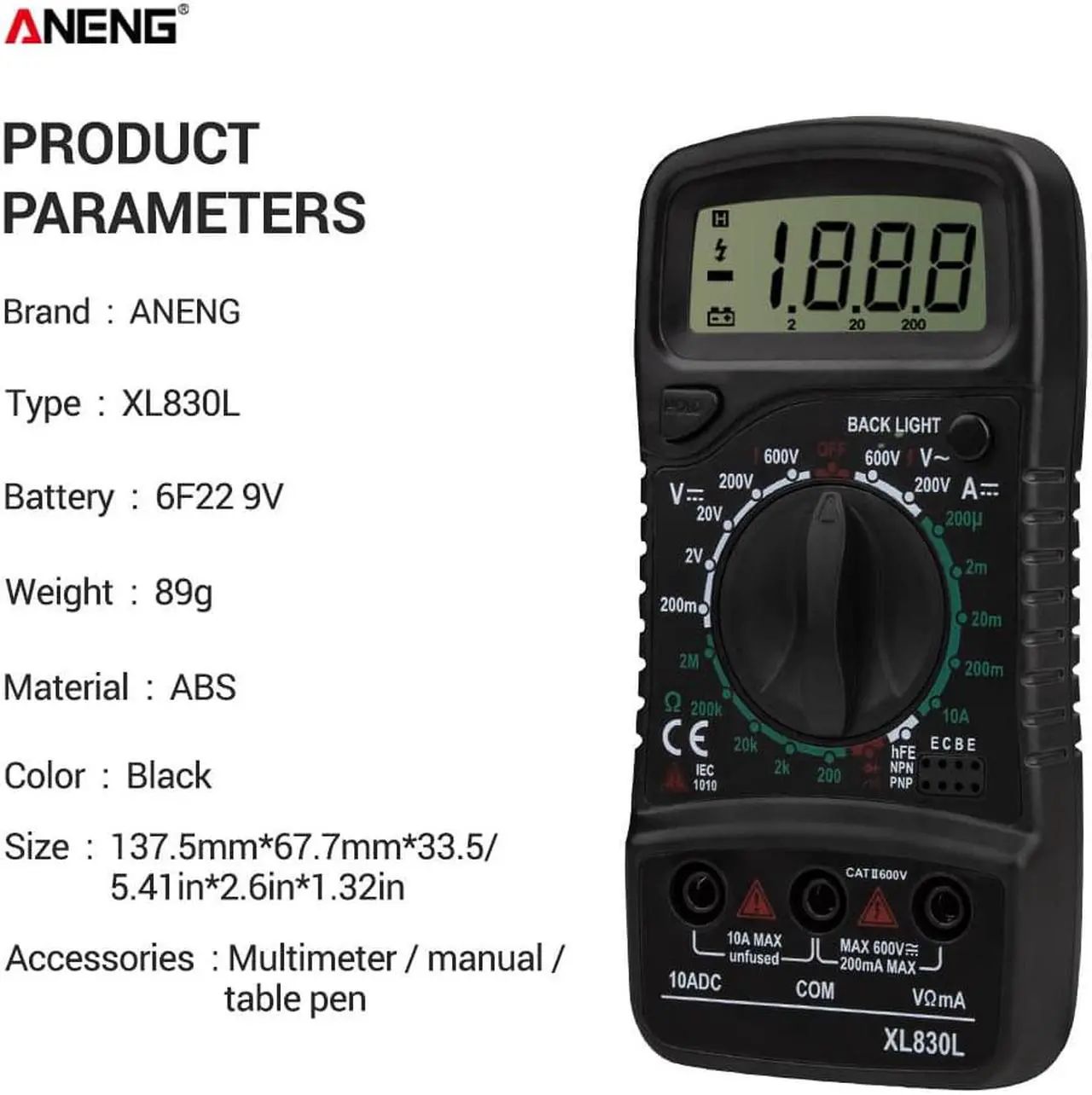 Alt view image 7 of 7 - ANENG XL830L Digital Multimeter Esr Meter Testers Automotive Electrical Dmm Transistor Peak Tester Meter    Capacitance Meter