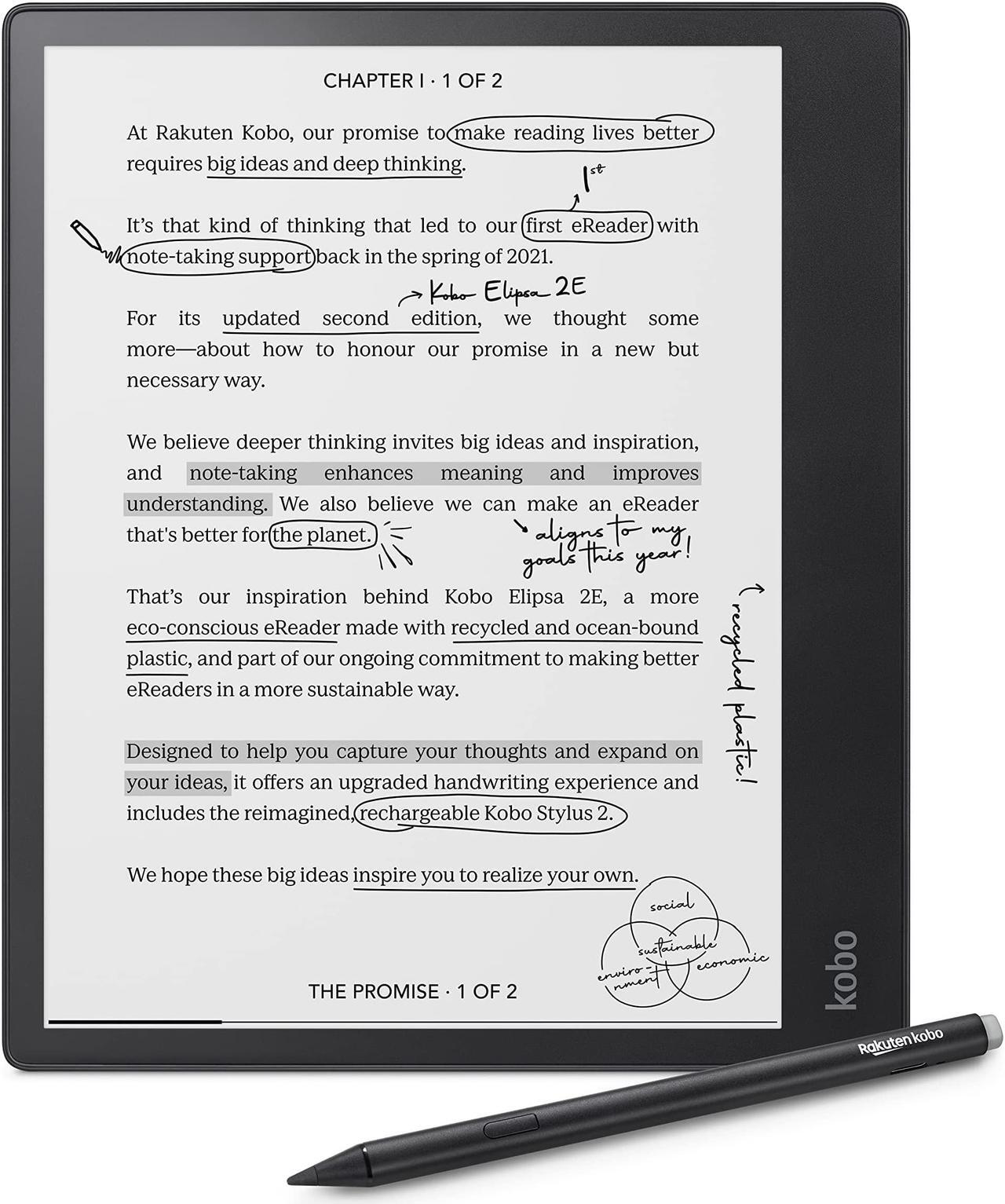 Main image of Kobo Elipsa 2E | eReader | 10.3" Glare-Free Touchscreen with ComfortLight PRO | Includes Kobo Stylus 2 | Adjustable Brightness | Wi-Fi | Carta E Ink Technology | 32GB of Storage