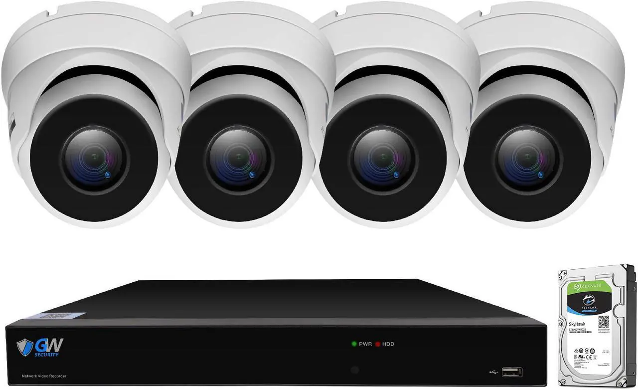 Main image of GW 4K UltraHD 8MP Security Camera System, 8-channel H.265 UHD 4K NVR, 4 x 4K 8 Megapixel Waterproof Dome PoE IP Cameras, Smart AI Face Recognition Human/Vehicle Detection, 2TB HDD