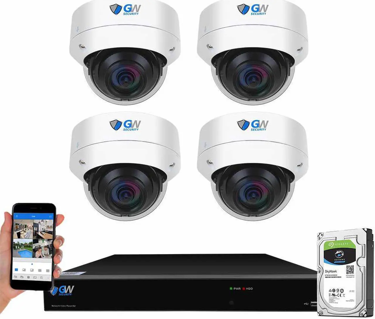 Main image of GW Security UltraHD 4K 8 Channel H.265+ NVR 8MP Security Camera System, 4 x 4K 8MP Outdoor/Indoor Dome PoE IP Cameras, Smart AI Face Recognition Human/Vehicle Detection, 2TB HDD