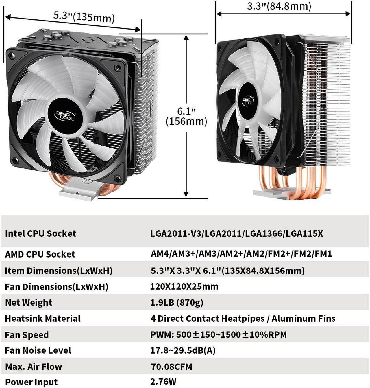 Alt view image 2 of 10 - DEEPCOOL GAMMAXX GT, Black Top Cover, CPU Air Cooler, Motherboard Sync, RGB Top Cover and Fan, Cable or Motherboard Control Supported, 4 Heatpipes, 120mm RGB Fan, Universal Socket Solution