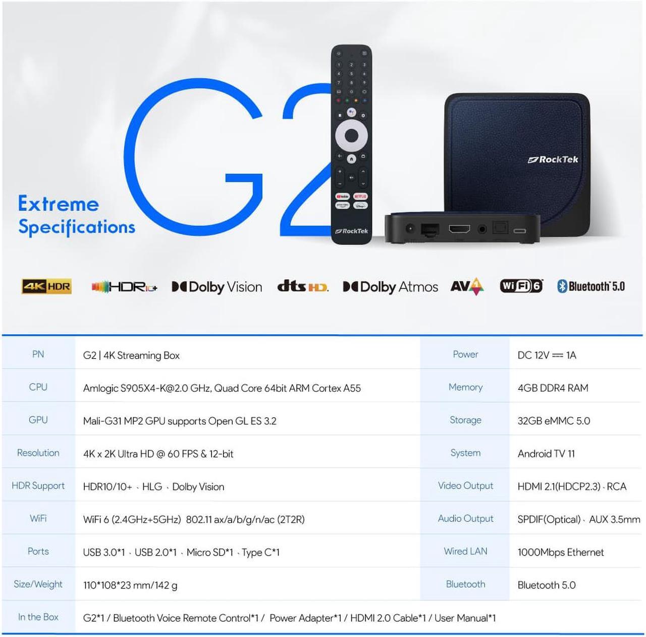 Alt view image 7 of 7 - ROCKTEK G2 4K Streaming Box | Android TV Game Console (Bluetooth/WLAN) | 4K HDR | Google Assistant | Netflix / Disney+ / HBO Max / Prime Video Support