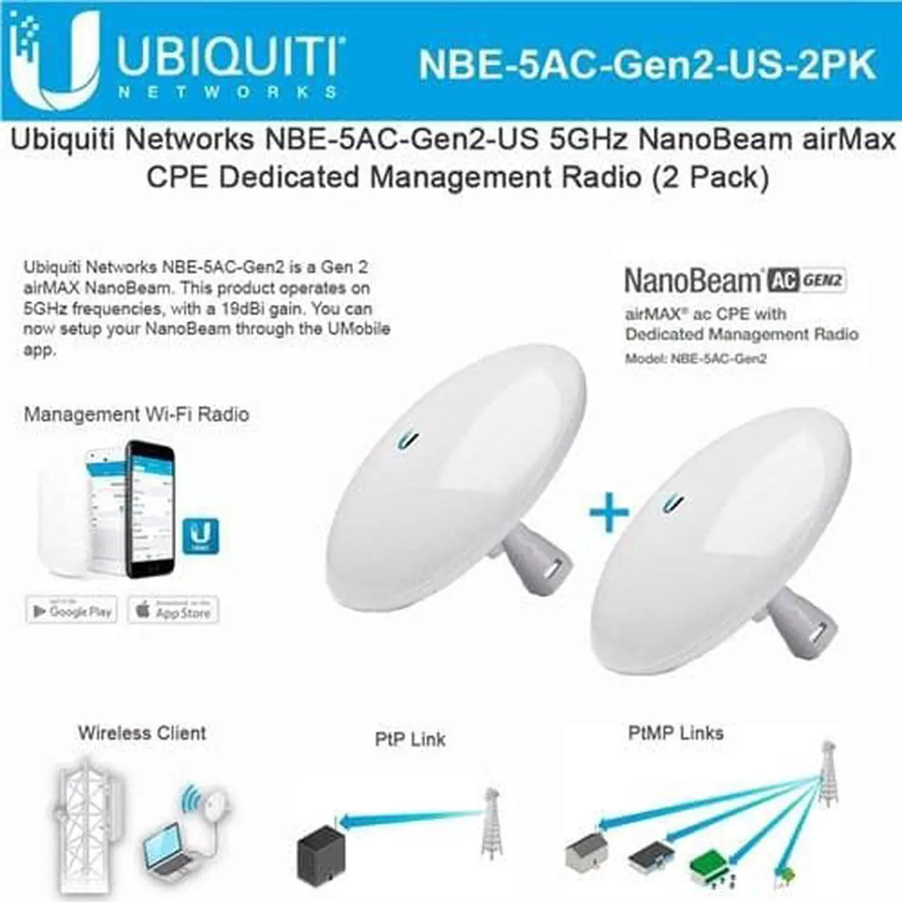 Main image of Ubiquiti NBE-5AC-GEN2-US Wireless Bridge