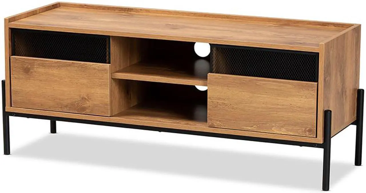 Main image of Baxton Studio Tasman Modern and Contemporary Industrial Natural Brown Finished Wood and Black Metal 2-Door TV Stand