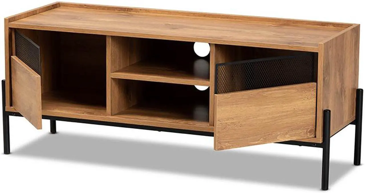 Alt view image 2 of 20 - Baxton Studio Tasman Modern and Contemporary Industrial Natural Brown Finished Wood and Black Metal 2-Door TV Stand