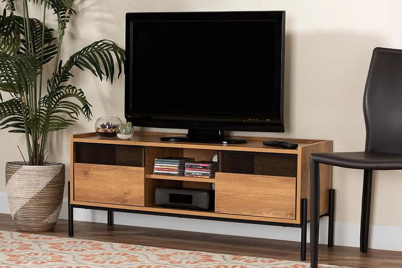 Alt view image 7 of 20 - Baxton Studio Tasman Modern and Contemporary Industrial Natural Brown Finished Wood and Black Metal 2-Door TV Stand