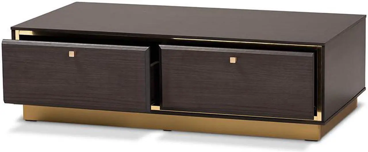 Alt view image 2 of 20 - Baxton Studio Cormac Mid-Century Modern Transitional Dark Brown Finished Wood and Gold Metal 2-Drawer Coffee Table