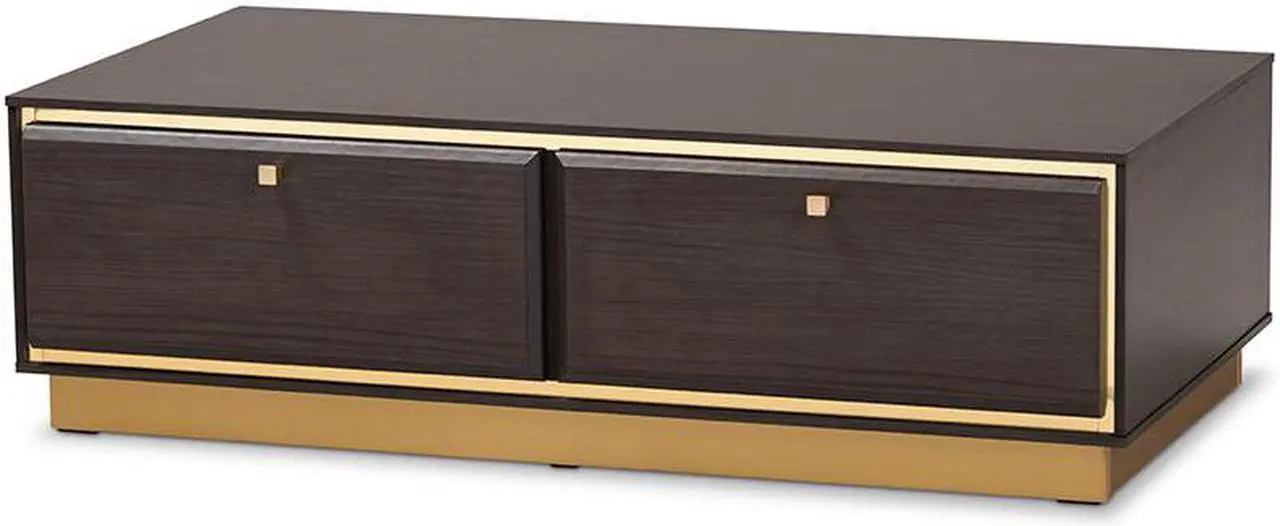 Main image of Baxton Studio Cormac Mid-Century Modern Transitional Dark Brown Finished Wood and Gold Metal 2-Drawer Coffee Table