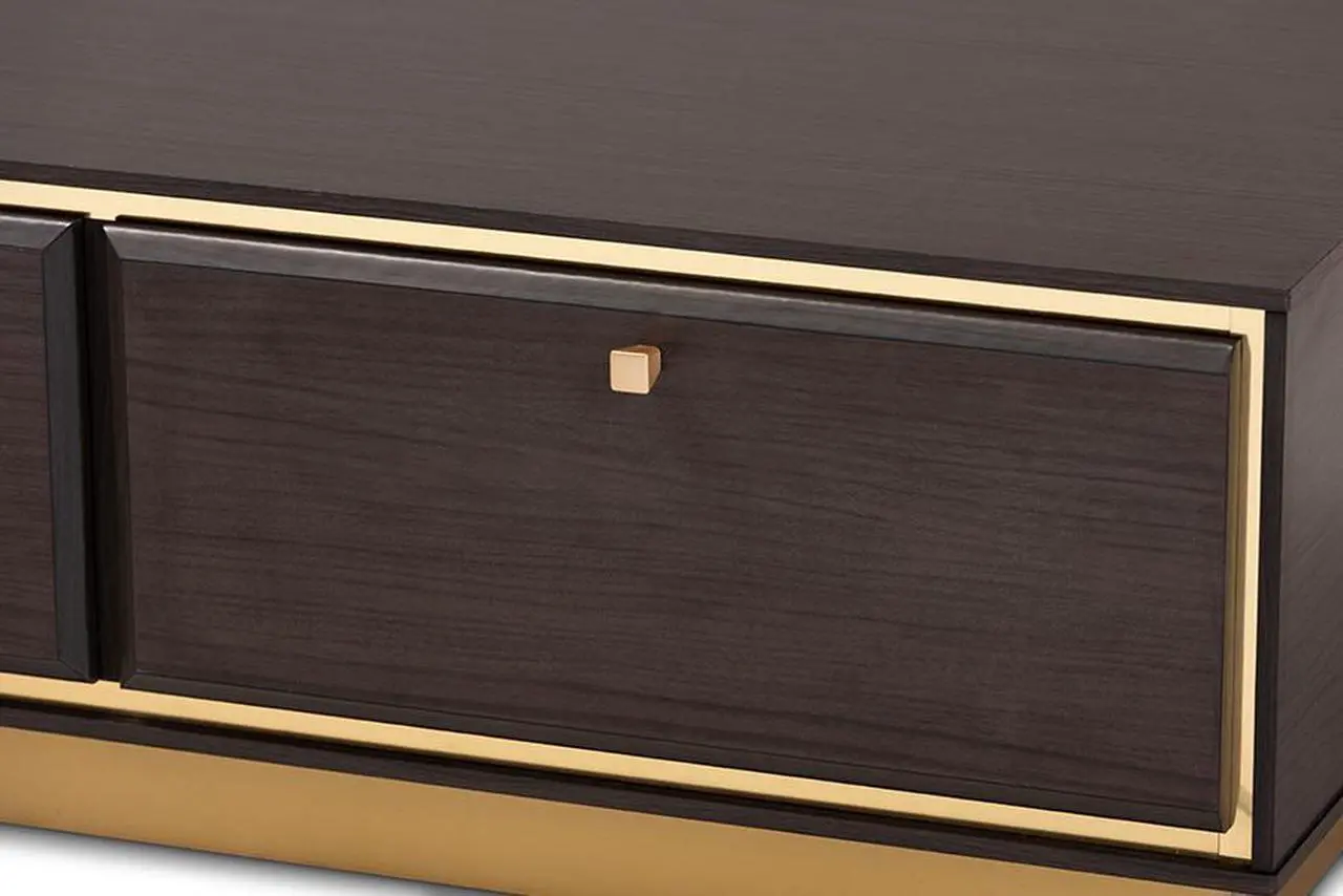 Alt view image 5 of 20 - Baxton Studio Cormac Mid-Century Modern Transitional Dark Brown Finished Wood and Gold Metal 2-Drawer Coffee Table