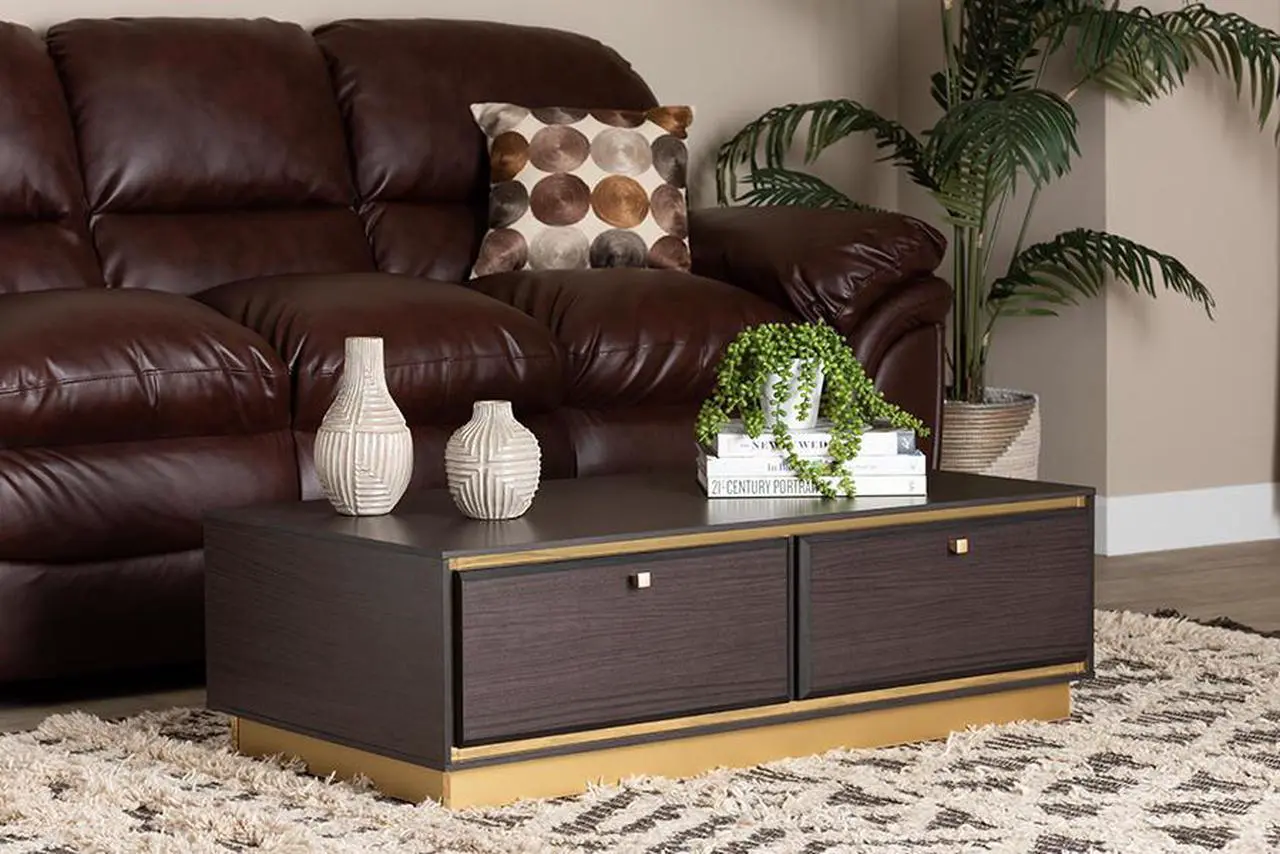 Alt view image 7 of 20 - Baxton Studio Cormac Mid-Century Modern Transitional Dark Brown Finished Wood and Gold Metal 2-Drawer Coffee Table