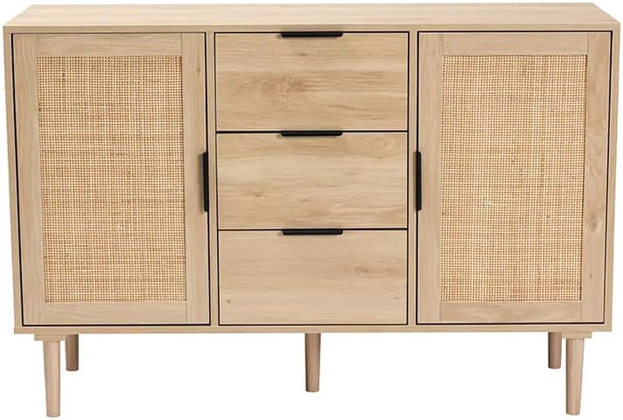 Alt view image 3 of 20 - Baxton Studio Harrison Mid-Century Modern Natural Brown Finished Wood and Natural Rattan 3-Drawer Sideboard