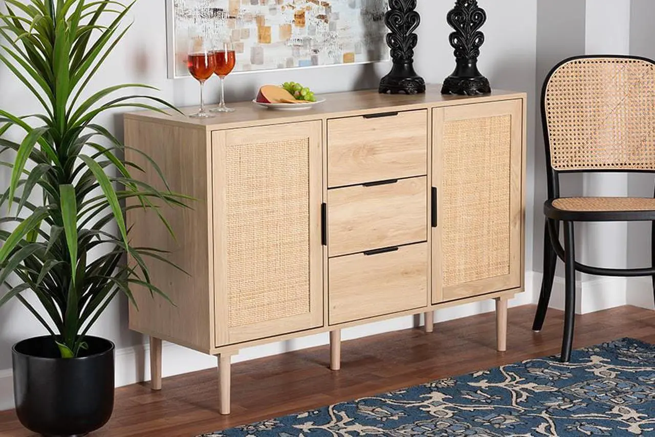 Alt view image 7 of 20 - Baxton Studio Harrison Mid-Century Modern Natural Brown Finished Wood and Natural Rattan 3-Drawer Sideboard