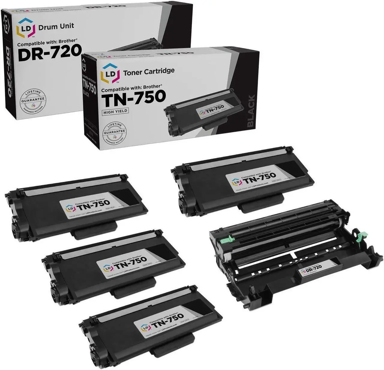 Main image of LD Products Compatible Toner Cartridge & Drum Unit Replacements for Brother TN750 High Yield & DR720 (4 Toners 1 Drum 5-Pk)
