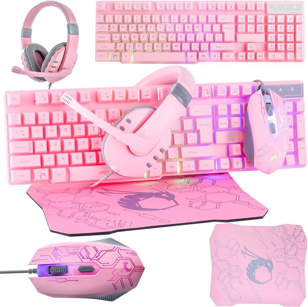 Main image of Pink Gaming Keyboard and Mouse Headset Headphones and Mouse pad, Wired LED RGB Backlight Bundle Pink PC Accessories for Gamers and Xbox and PS4 PS5 Nintendo Switch Users - 4in1 Edition Hornet RX-250