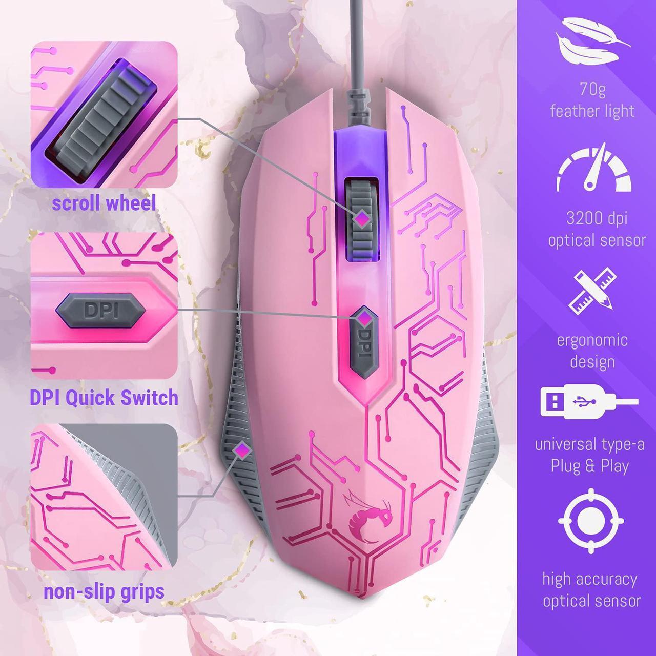 Alt view image 5 of 7 - Pink Gaming Keyboard and Mouse Headset Headphones and Mouse pad, Wired LED RGB Backlight Bundle Pink PC Accessories for Gamers and Xbox and PS4 PS5 Nintendo Switch Users - 4in1 Edition Hornet RX-250