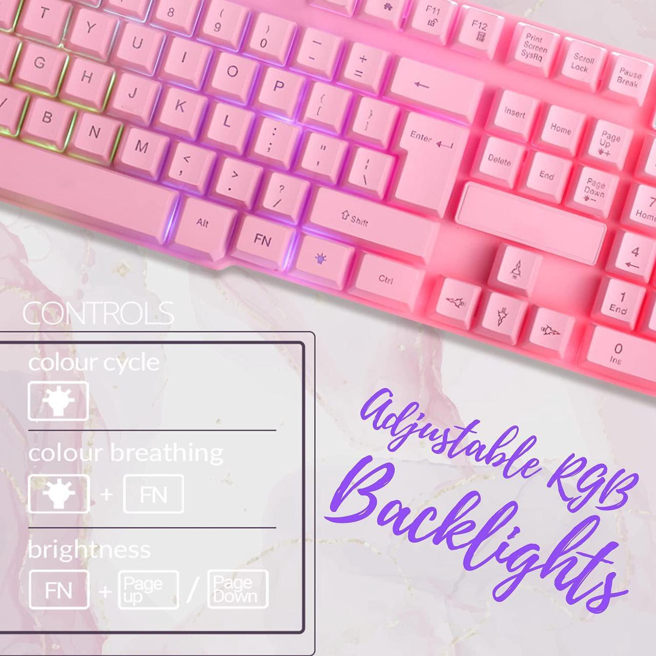 Alt view image 3 of 7 - Pink Gaming Keyboard and Mouse Headset Headphones and Mouse pad, Wired LED RGB Backlight Bundle Pink PC Accessories for Gamers and Xbox and PS4 PS5 Nintendo Switch Users - 4in1 Edition Hornet RX-250