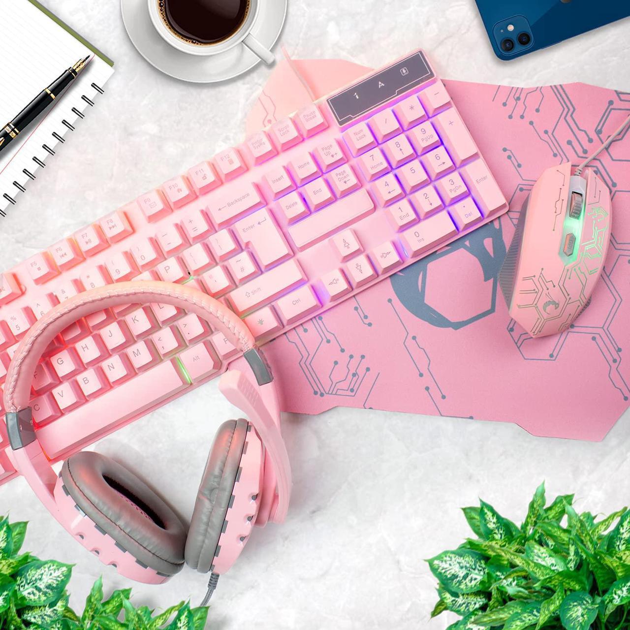 Alt view image 2 of 7 - Pink Gaming Keyboard and Mouse Headset Headphones and Mouse pad, Wired LED RGB Backlight Bundle Pink PC Accessories for Gamers and Xbox and PS4 PS5 Nintendo Switch Users - 4in1 Edition Hornet RX-250