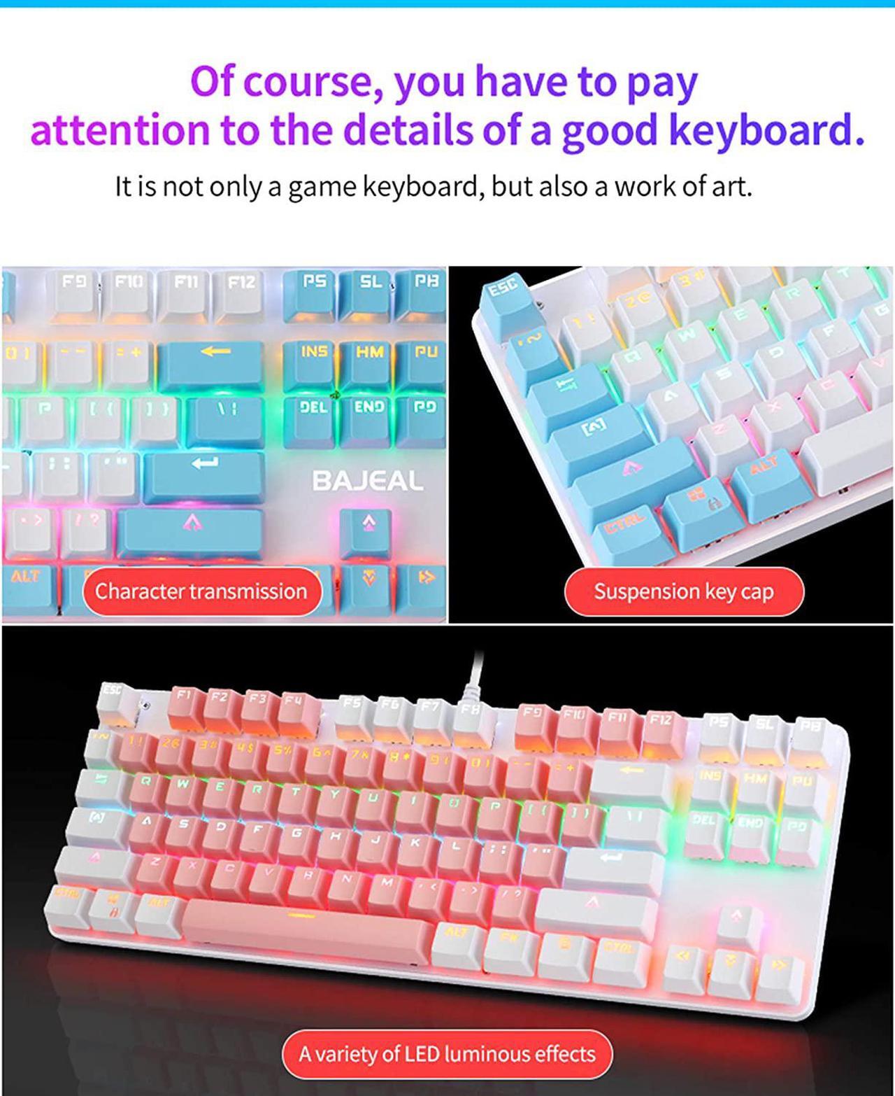 Alt view image 3 of 7 - BAJEAL Mechanical Keyboard,Hot Swap 87 Keys Keyboard,USB Wired Blue Switch Keyboard with Two Color Shine-Through Keycaps,Multi LED Backlit Lighting Gaming Keyboard (Pink White)