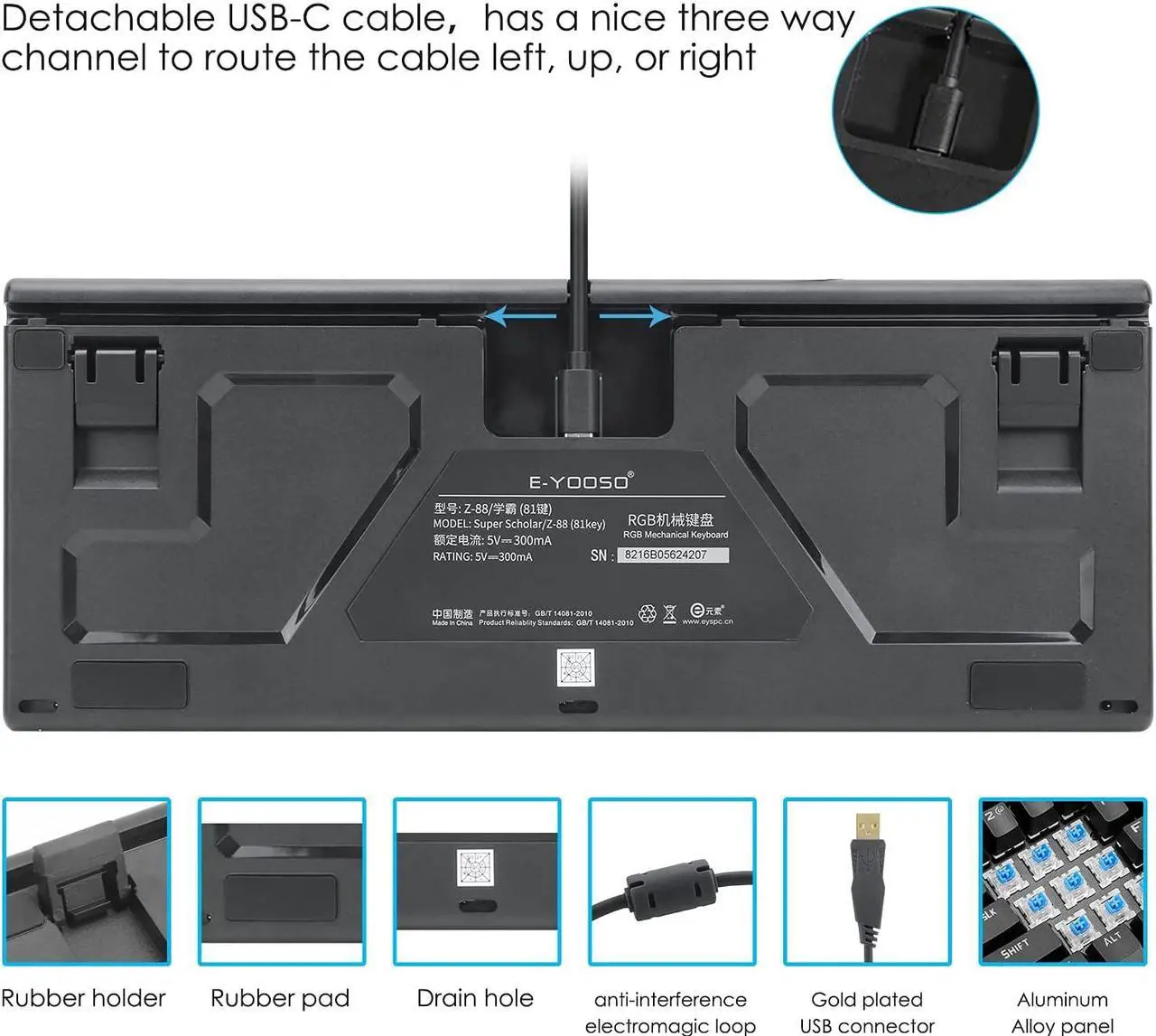 Alt view image 7 of 7 - HUO JI E-Yooso Z-88 RGB Mechanical Gaming Keyboard, Metal Panel, Blue Switches - Clicky, Compact 81 Keys Hot Swappable for Mac, PC, Black