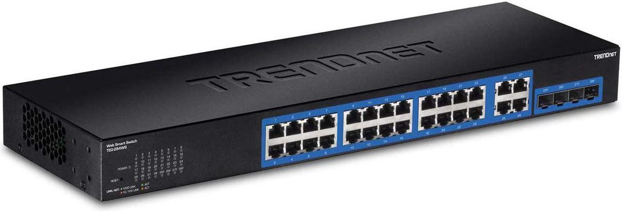 TRENDnet 28-Port Gigabit Web Smart Switch, 24 x Gigabit Ports, 4 x Shared Gigabit Ports (RJ-45/SFP), VLAN, QoS, LACP, IPv6, 56Gbps Switching Capacity, TEG-284WS,Black