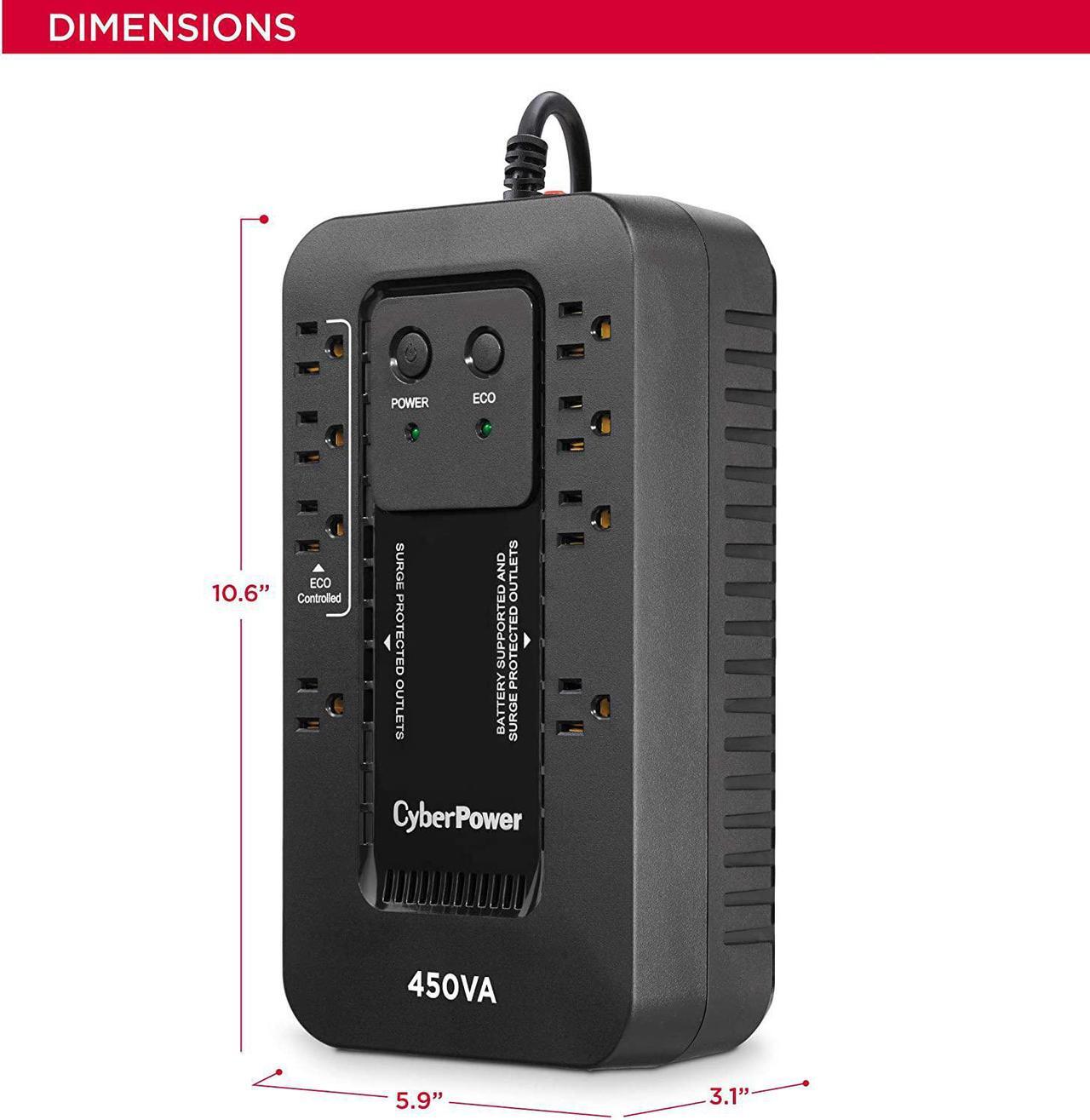 Alt view image 5 of 7 - CyberPower EC450G Ecologic Battery Backup & Surge Protector UPS System, 450VA/260W, 8 Outlets, ECO Mode, Compact Uninterruptible Power Supply