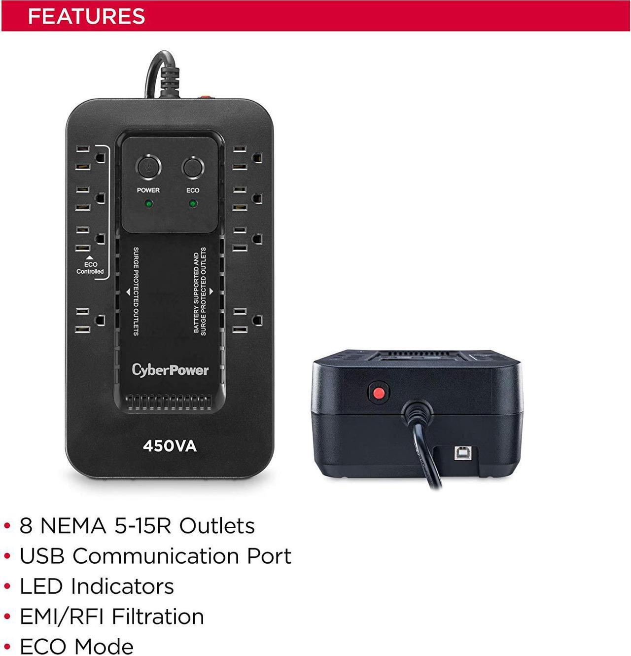 Alt view image 6 of 7 - CyberPower EC450G Ecologic Battery Backup & Surge Protector UPS System, 450VA/260W, 8 Outlets, ECO Mode, Compact Uninterruptible Power Supply