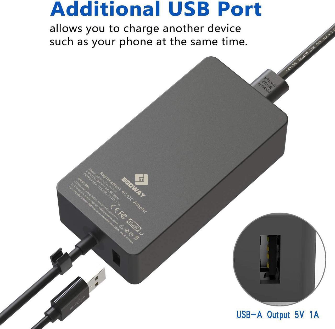 Alt view image 3 of 7 - 102W 15V 6.33A Power Adapter Charger Compatible with Surface Book 2 1, Surface Laptop 3 2 1, Surface Pro X Pro 7 Pro 6 Pro 5 Pro 4 Pro 3 and Surface Go with Additional USB Port and 6ft Power Cord