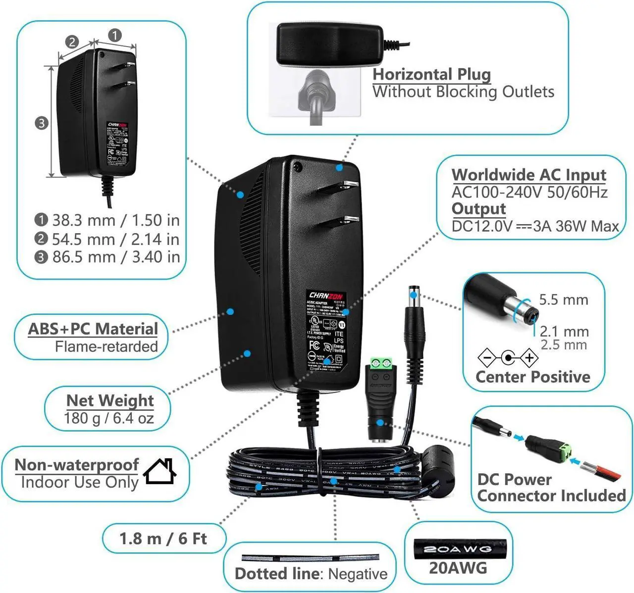 Alt view image 3 of 7 - Chanzon 12V 3A 36W Power Supply AC DC Switching Adapter, 12 Volt 3 Amp AC/DC Wall Wart Converter Transformer, 100-240v 50 60HZ Input with 12vdc 3000ma Output