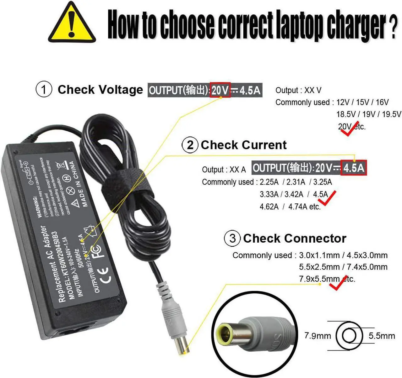 Alt view image 3 of 7 - 90W 20V 4.5A AC Adapter Charger Compatible with Lenovo Thinkpad T60 T61 T400 T410 T420 T430 T500 T510 T520 T530 X60 Z60 X200 X201 X220 X230 X61 L420 L430 Edge 14 15 E420 E430 E530 Power Supply