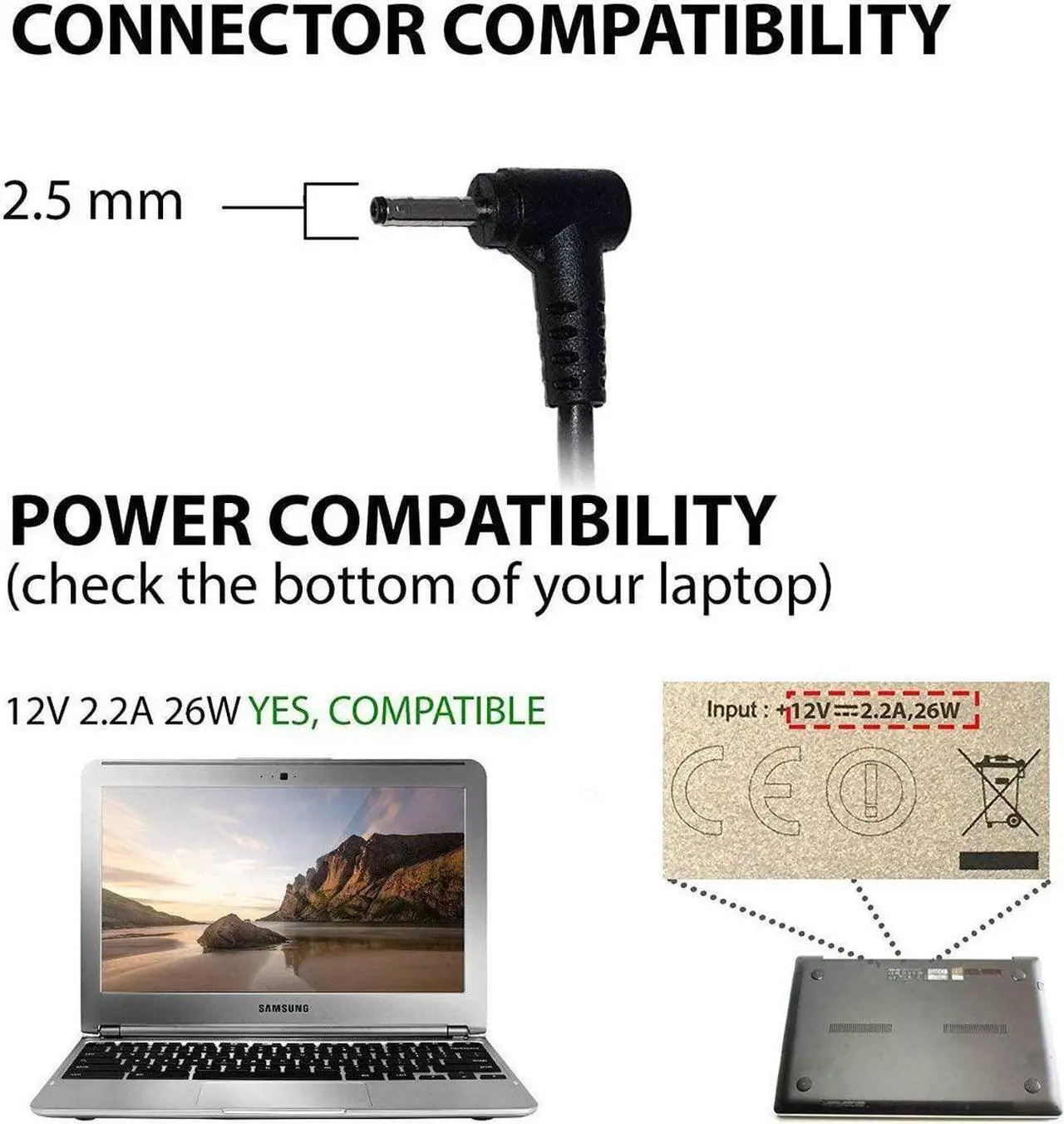 Alt view image 4 of 5 - 26W 12V 2.2A AC Adapter Charger Fit for Samsung Chromebook 3 XE500C13 XE501C13 XE500C12 PA-1250-98 PA-1250-96 W14-026N1A BA44-00322A PA3N40W AD-2612AUS Laptop Power Supply Cord