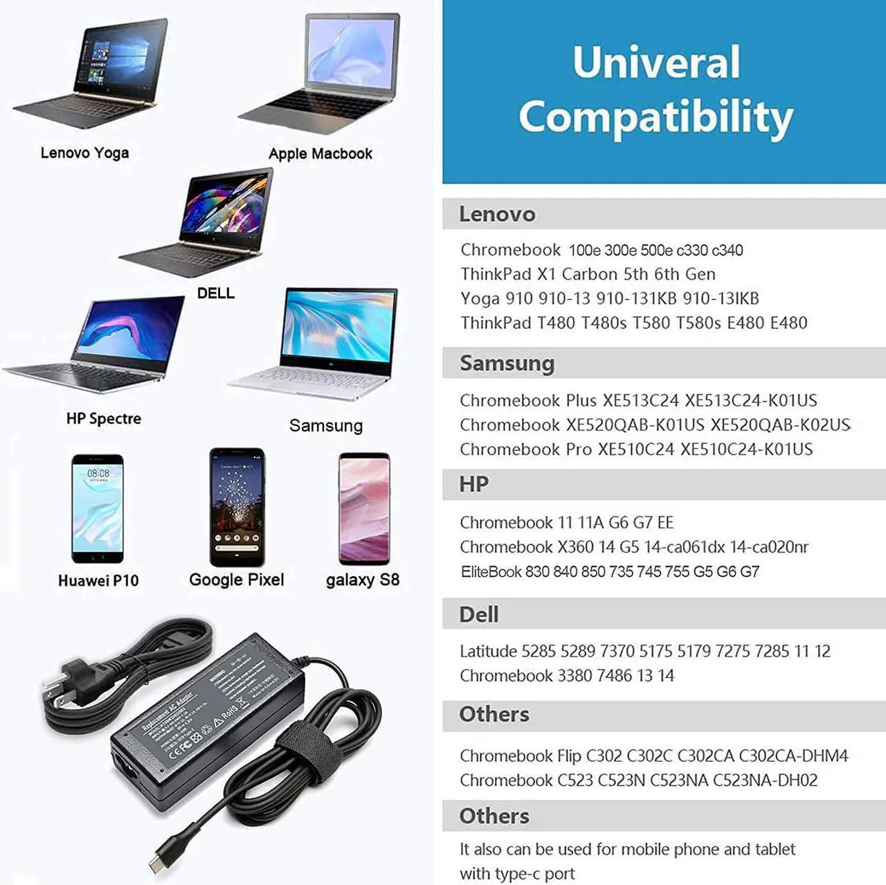 Alt view image 4 of 7 - 65W 45W Type C USB C Laptop Charger Compatible with Lenovo ThinkPad X1 L380 T480 T580s T580 T480s X270, Yoga C940 C740 C930 730 S730 730S 920 Chromebook c330 100e 300e 500e c340 N23 Power Supply