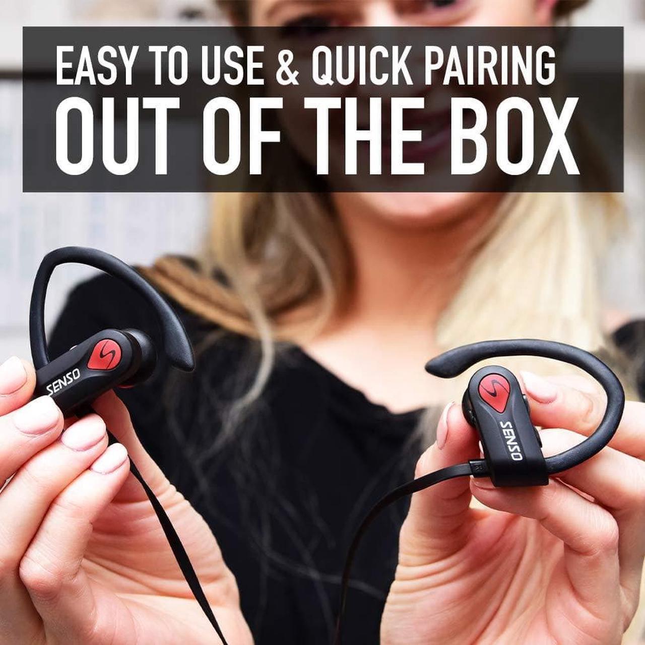 Alt view image 7 of 7 - Senso Bluetooth Headphones, Best Wireless Sports Earphones w/Mic IPX7 Waterproof HD Stereo Sweatproof Earbuds for Gym Running Workout 8 Hour Battery Noise Cancelling Headsets (Black Red)