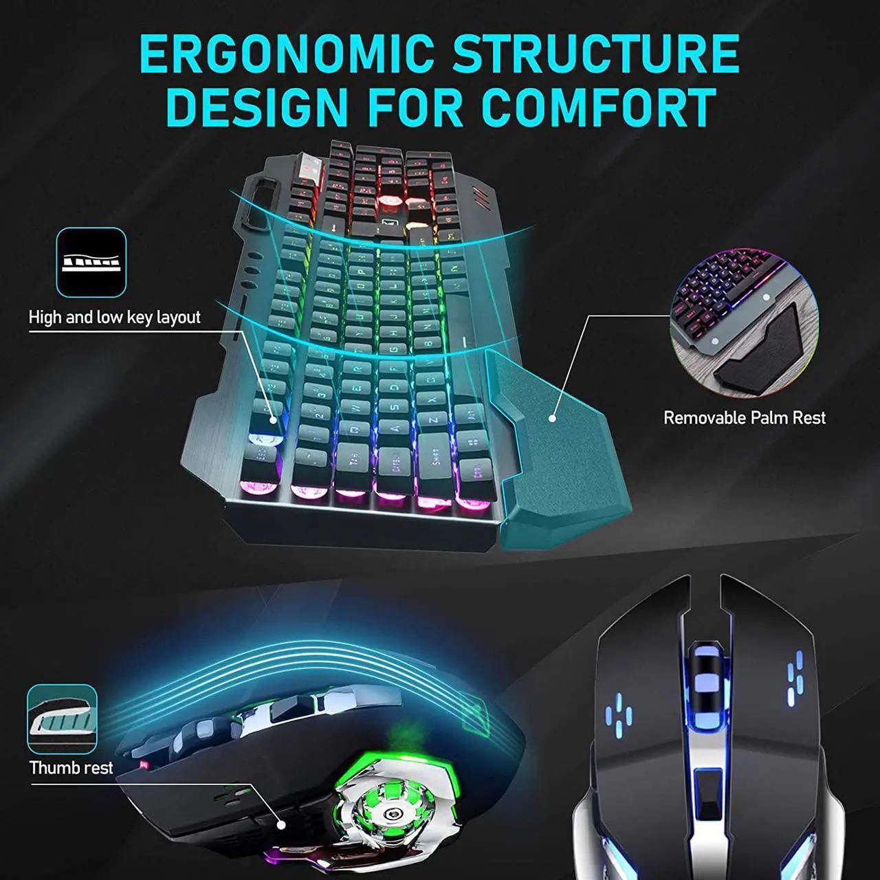 Alt view image 7 of 7 - Wireless Gaming Keyboard and Mouse with Rainbow LED 16RGB Backlit Rechargeable 4800mAh Battery Metal Panel Mechanical Ergonomic Feel Waterproof Dustproof 7 Color Mute Mice for Laptop PC Gamer(Black)