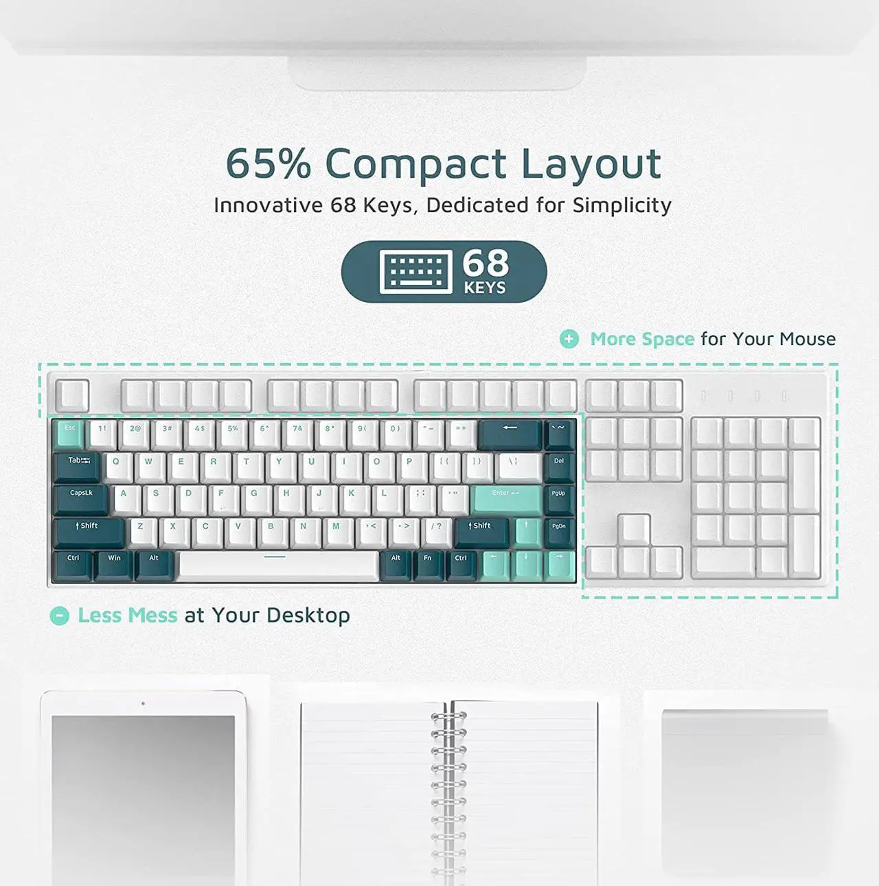 Alt view image 3 of 7 - FL ESPORTS F12 65% Three-Mode Wireless Mechanical Keyboard, 68 Keys RGB Bluetooth 5.0/2.4Ghz Gaming Keyboard w/Light Tactile Kailh Box White Switch, PBT Keycaps, Durable Durable Battery, Mint Green
