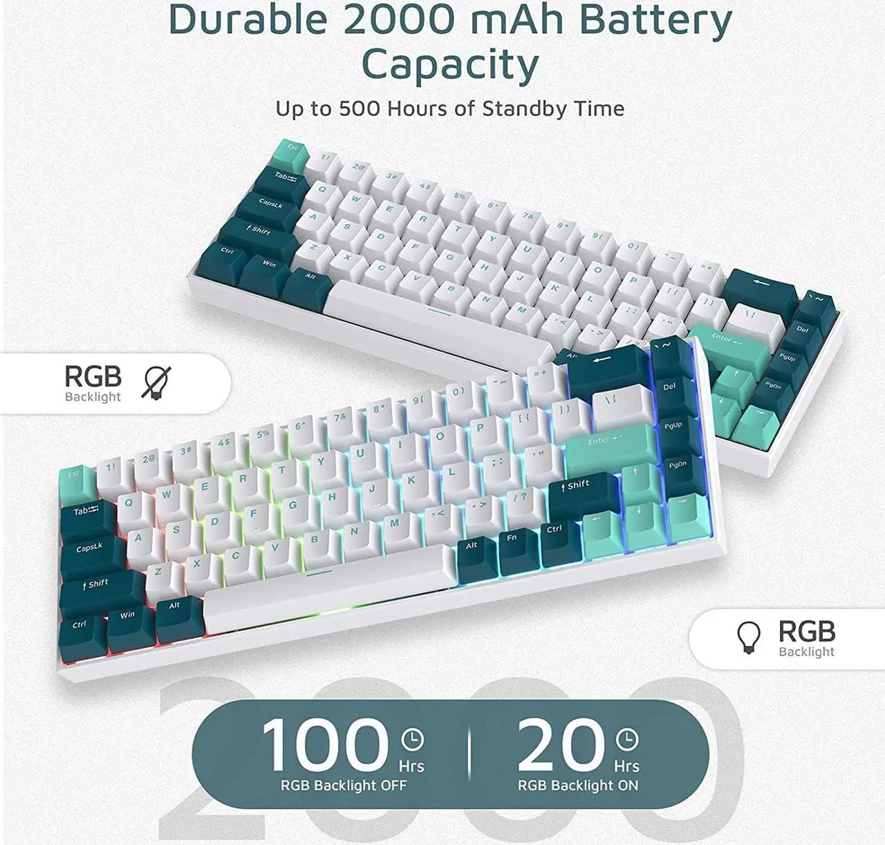 Alt view image 6 of 7 - FL ESPORTS F12 65% Three-Mode Wireless Mechanical Keyboard, 68 Keys RGB Bluetooth 5.0/2.4Ghz Gaming Keyboard w/Light Tactile Kailh Box White Switch, PBT Keycaps, Durable Durable Battery, Mint Green