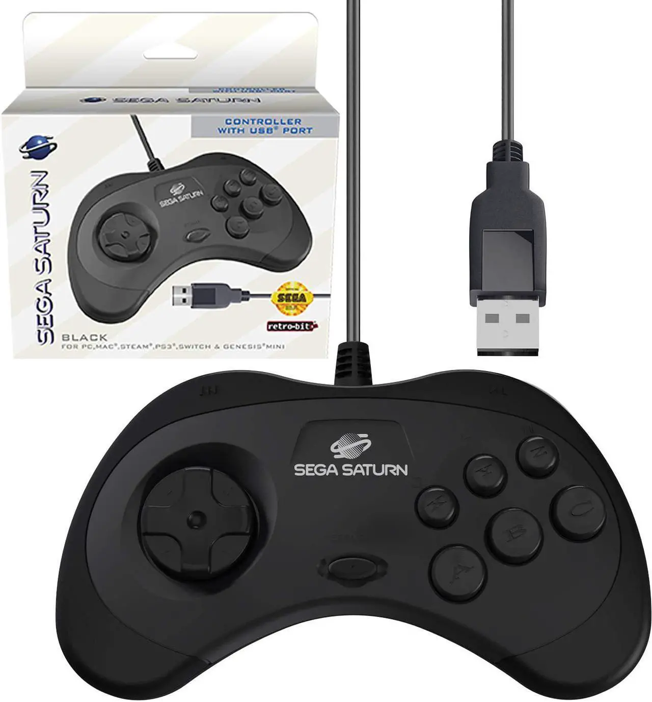 Main image of Retro-Bit Official Sega Saturn USB Controller Pad (Model 2) for Sega Genesis Mini, PS3, PC, Mac, Steam, Switch - USB Port (Black)
