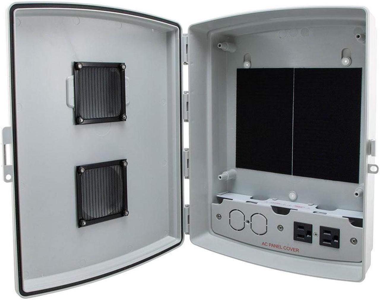 Main image of NavePoint 14x10x04 ABS Plastic Weatherproof Indoor/Outdoor IP24 NEMA 3R Enclosure, Hook & Loop Mounting, Vent Lid 120 VAC outlets, Gray