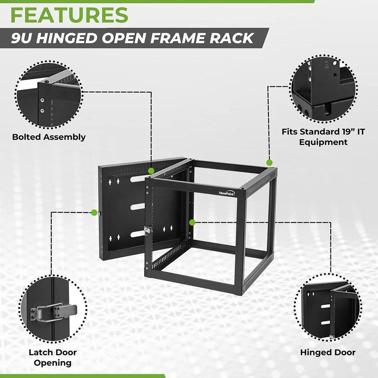 Alt view image 2 of 4 - NavePoint 9U Hinged Open Frame Wall-Mount Network Rack, 4-Post 23.7 Inch Depth, Rear Swing Frame, Easy Rear Access to Equipment, Gate Opens 180 Degrees from Either Side