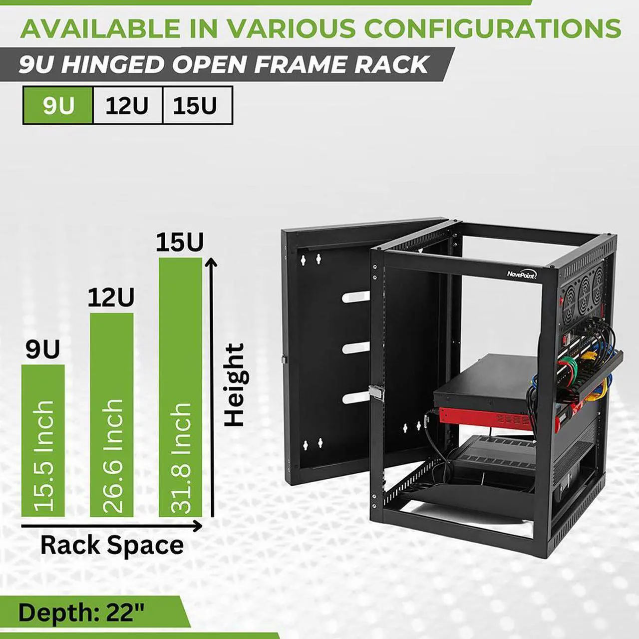 Alt view image 3 of 4 - NavePoint 9U Hinged Open Frame Wall-Mount Network Rack, 4-Post 23.7 Inch Depth, Rear Swing Frame, Easy Rear Access to Equipment, Gate Opens 180 Degrees from Either Side