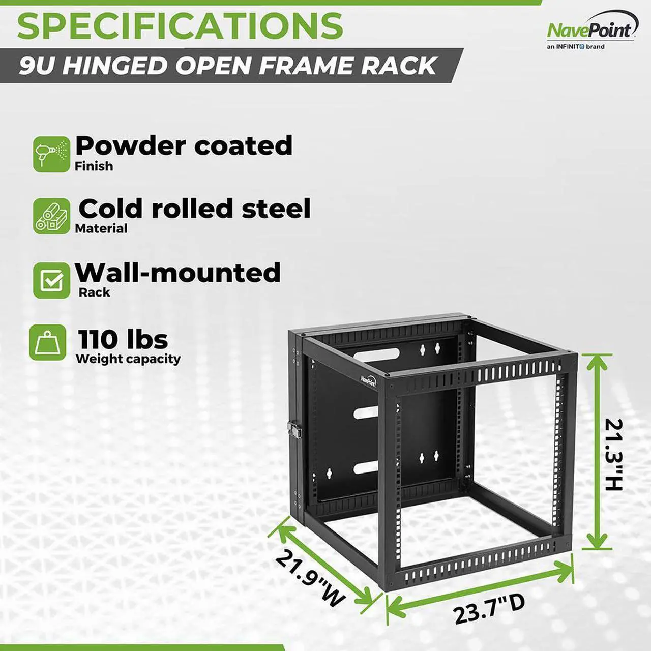 Alt view image 4 of 4 - NavePoint 9U Hinged Open Frame Wall-Mount Network Rack, 4-Post 23.7 Inch Depth, Rear Swing Frame, Easy Rear Access to Equipment, Gate Opens 180 Degrees from Either Side