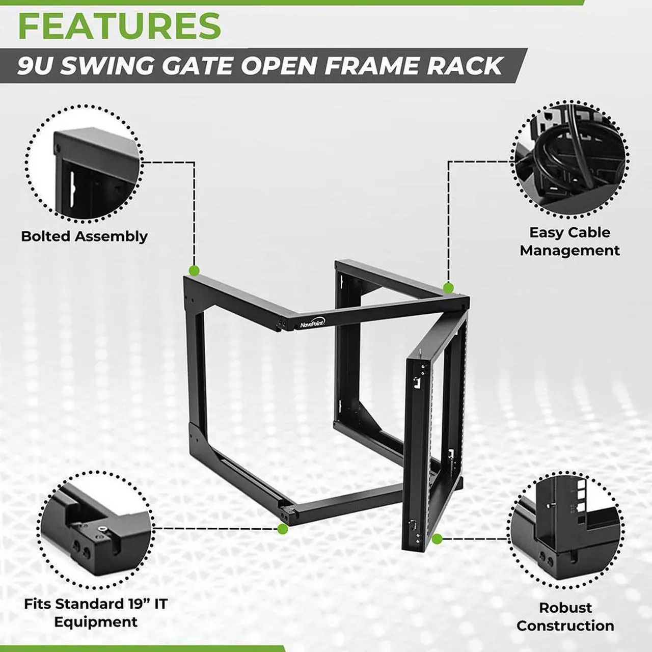 Alt view image 2 of 4 - NavePoint 9U Wall Mount Open Frame Network Rack, Swing Out Hinged Gate,24 Inch Depth,  Holds Network Servers and AV Equipment, Easy Rear Access to Equipment, Gate Opens 180 Degrees from Either Side