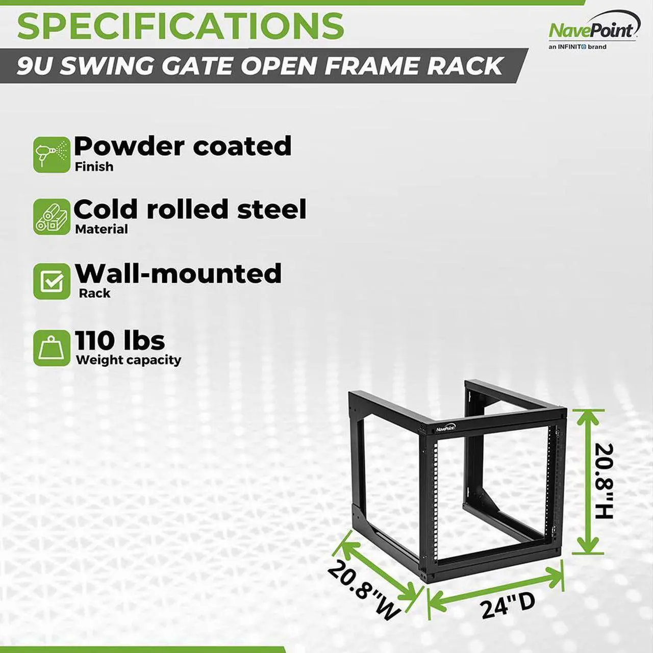 Alt view image 4 of 4 - NavePoint 9U Wall Mount Open Frame Network Rack, Swing Out Hinged Gate,24 Inch Depth,  Holds Network Servers and AV Equipment, Easy Rear Access to Equipment, Gate Opens 180 Degrees from Either Side