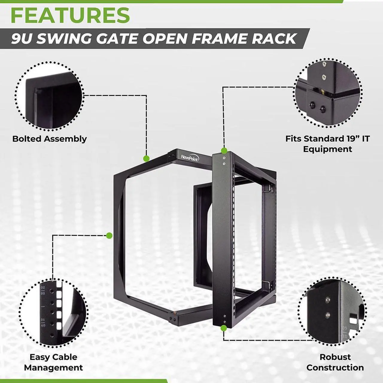 Alt view image 2 of 4 - NavePoint 9U Wall Mount IT Open Frame 19" Rack with Swing Out Hinged Gate Black