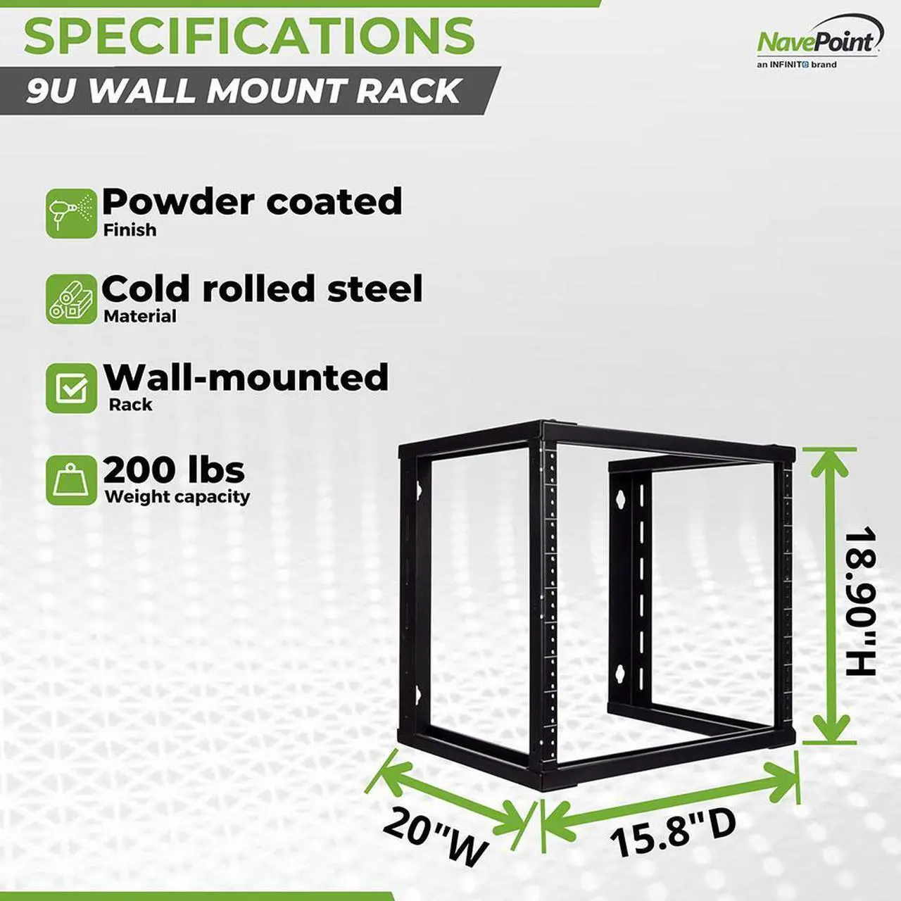 Alt view image 4 of 5 - NavePoint 9U Wall Mount Open Frame 19" Server Equipment Rack Threaded 16 inch depth Black