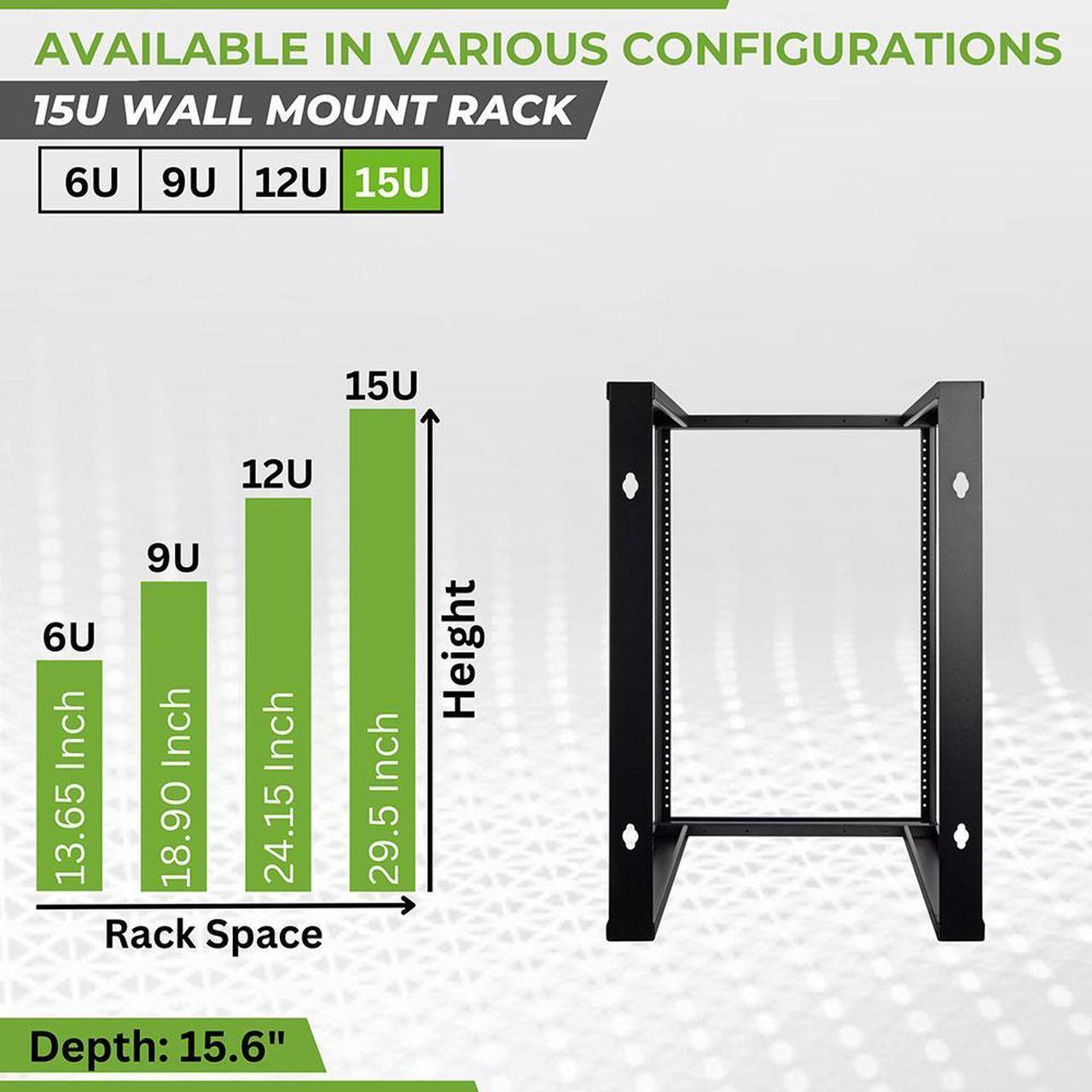 Alt view image 3 of 4 - NavePoint 15U Wall Mount Open Frame 19" Server Equipment Rack Threaded 16 inch depth Black